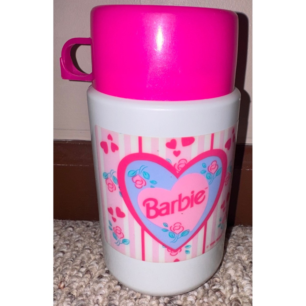 Vintage Barbie Thermos Insulated Food Jar Pink Heart Roses 90s Retro Kids